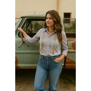 Vintage 90s Talbots Floral Embroidered Cowgirl Western Blouse M